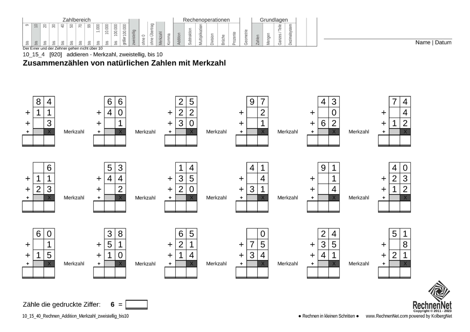 10_15_4 Rechnen Addition Merkzahl zweistellig bis10
