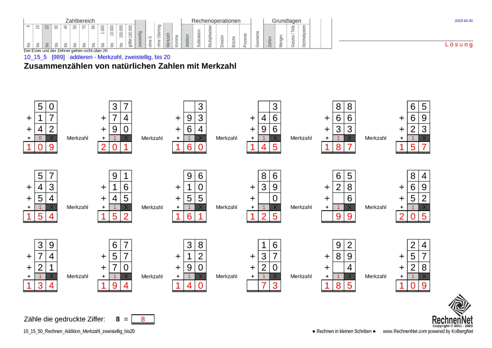 Lösung: 10_15_5 Rechnen Addition Merkzahl zweistellig bis20