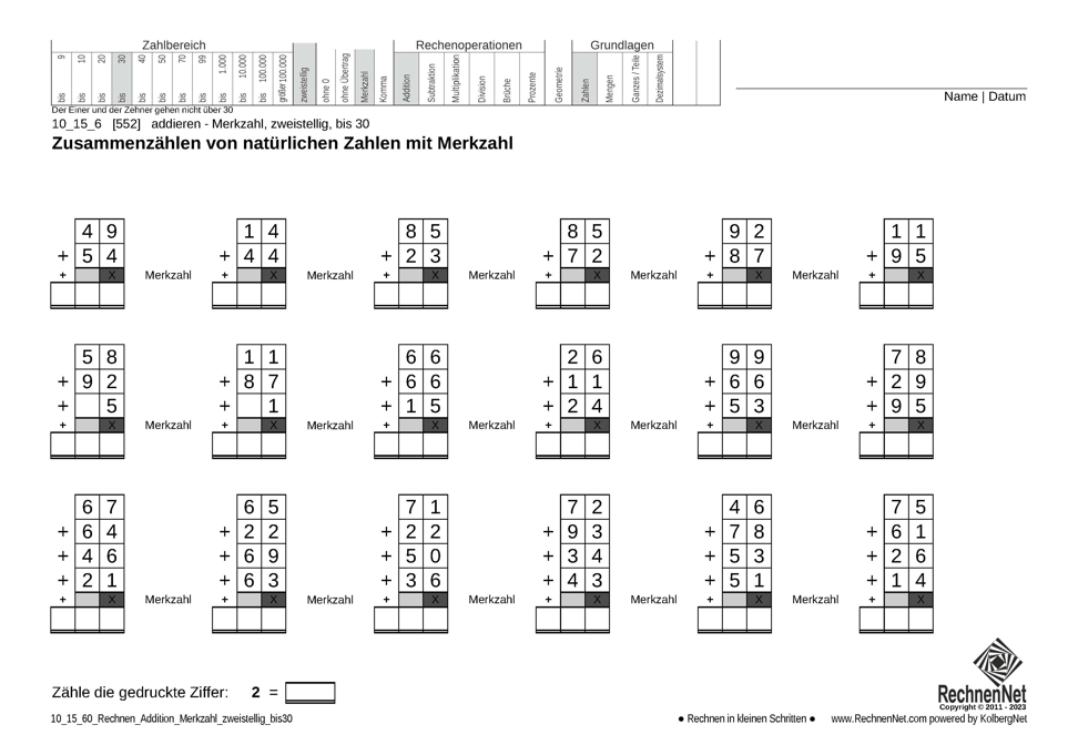 10_15_6 Rechnen Addition Merkzahl zweistellig bis30