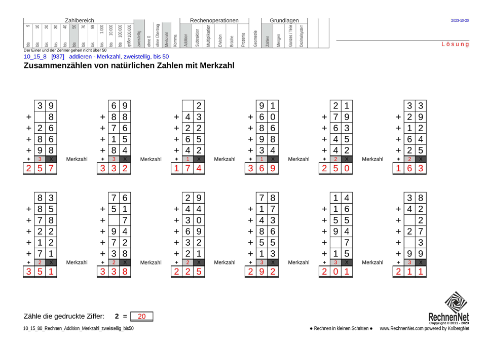 Lösung: 10_15_8 Rechnen Addition Merkzahl zweistellig bis50