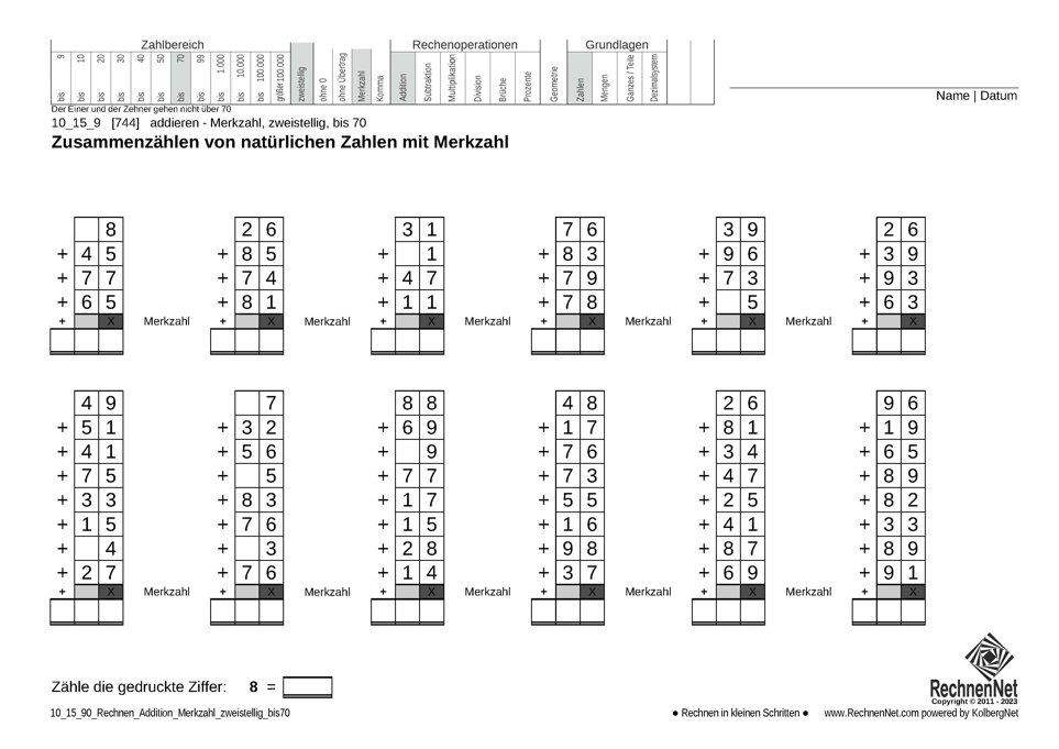 10_15_9 Rechnen Addition Merkzahl zweistellig bis70