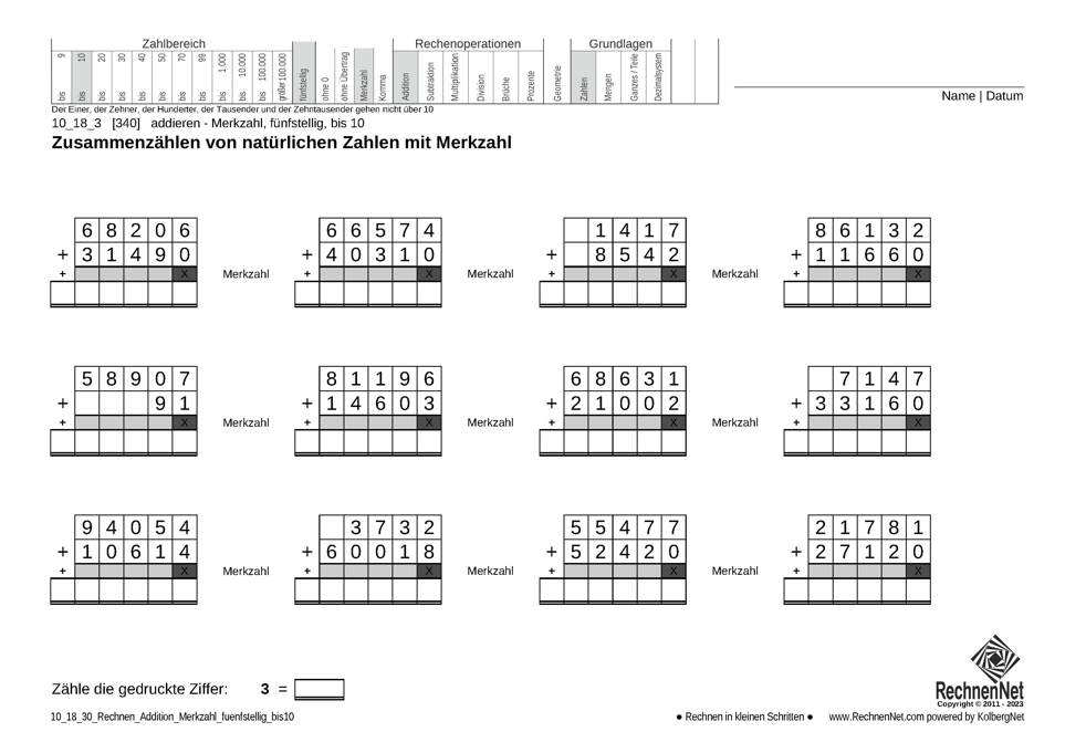 10_18_3 Rechnen Addition Merkzahl fünfstellig bis10