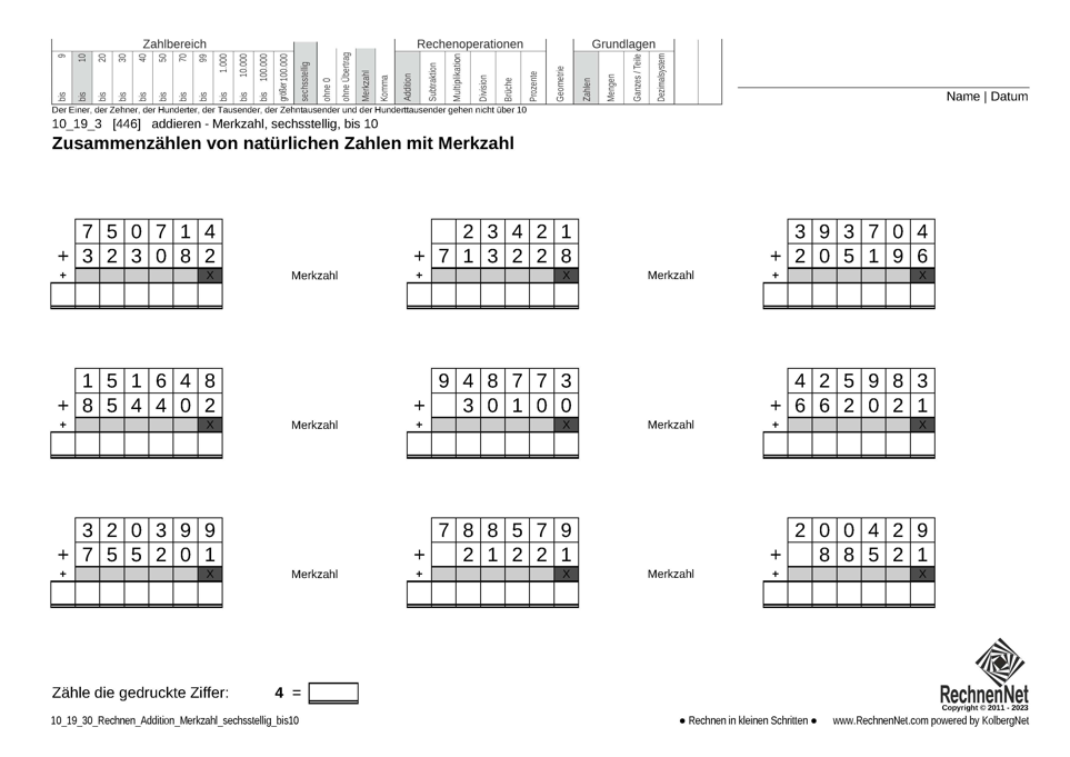 10_19_3 Rechnen Addition Merkzahl sechsstellig bis10