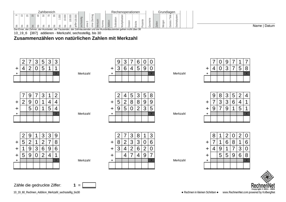 10_19_6 Rechnen Addition Merkzahl sechsstellig bis30