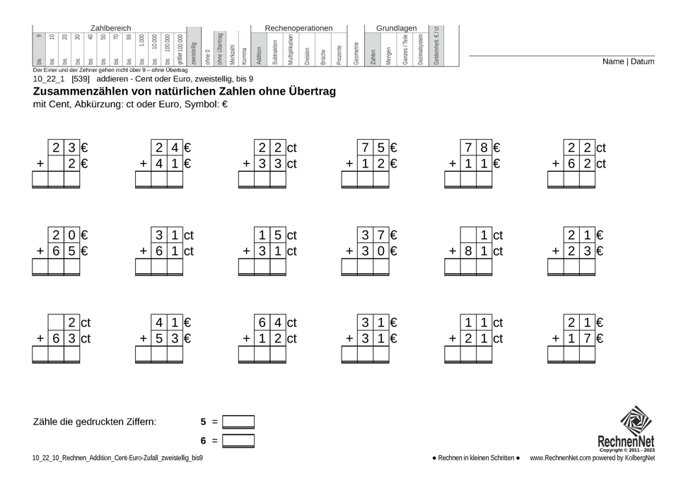 10_22_1 Rechnen Addition Cent-Euro zweistellig bis9
