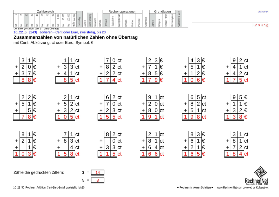 Lösung: 10_22_5 Rechnen Addition Cent-Euro zweistellig bis20