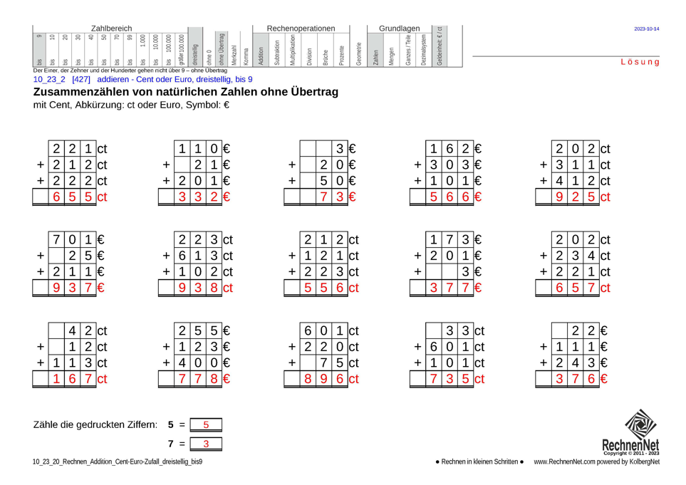 Lösung: 10_23_2 Rechnen Addition Cent-Euro dreistellig bis9