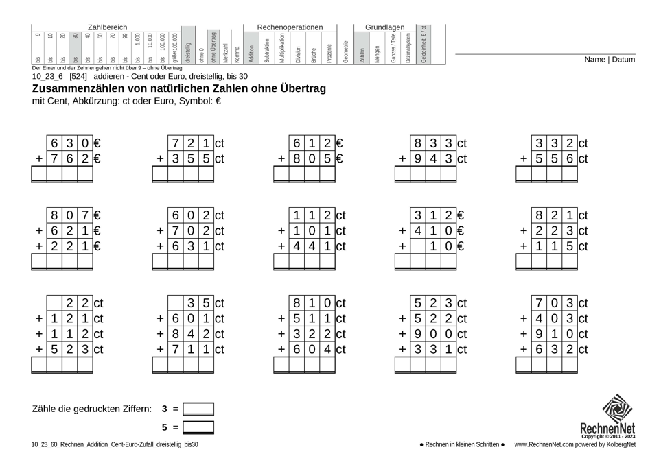 10_23_6 Rechnen Addition Cent-Euro dreistellig bis30