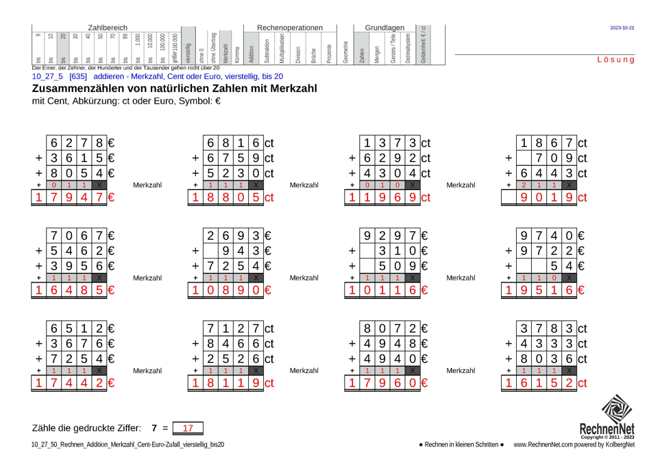 Lösung: 10_27_5 Rechnen Addition Merkzahl Cent-Euro vierstellig bis20