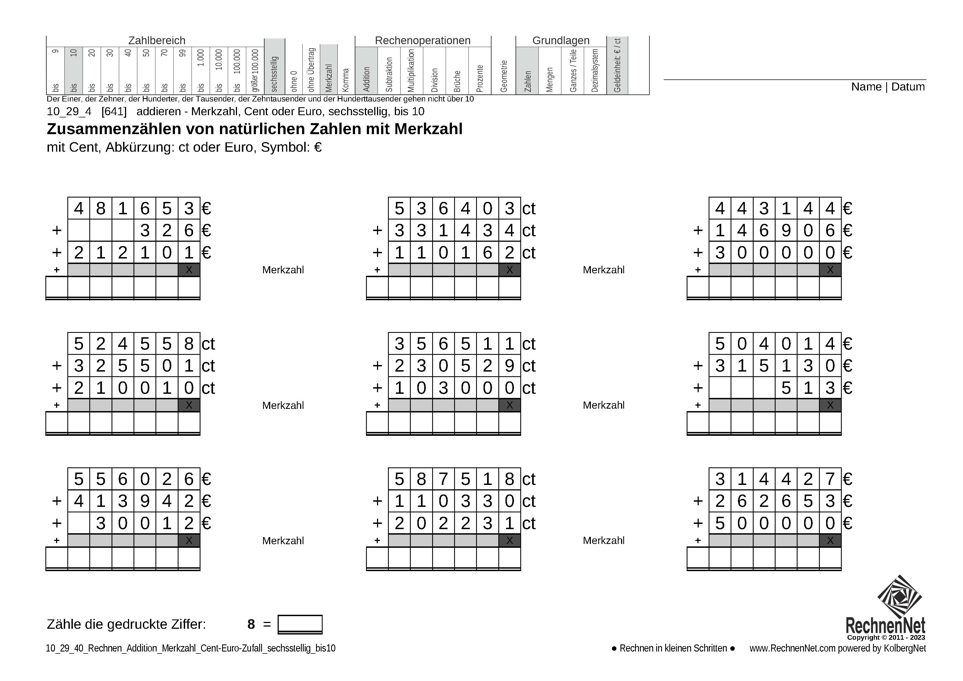 10_29_4 Rechnen Addition Merkzahl Cent-Euro sechsstellig bis10