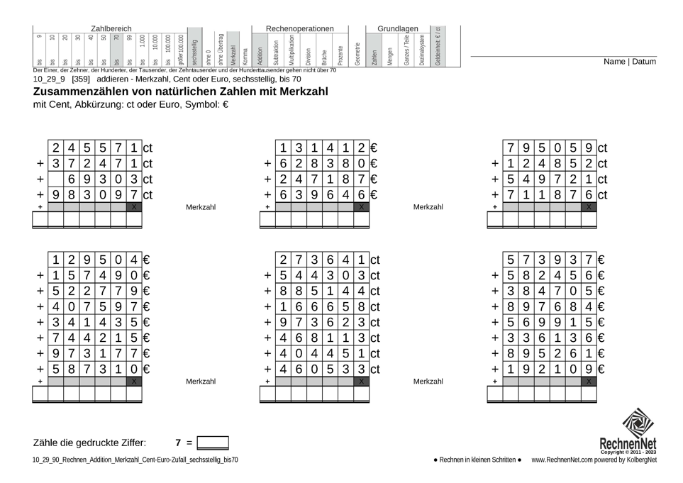 10_29_9 Rechnen Addition Merkzahl Cent-Euro sechsstellig bis70