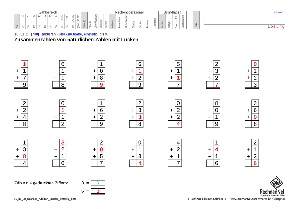 Lösung: 10_31_2 Rechnen Addition Lücke einstellig bis9