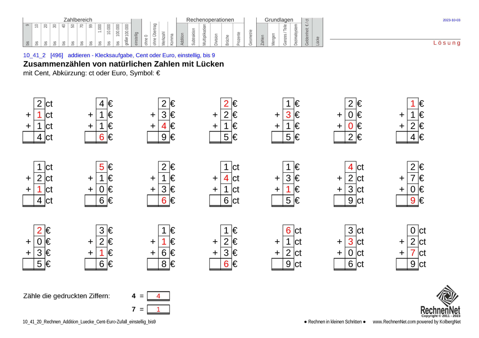 Lösung: 10_41_2 Rechnen Addition Lücke Cent-Euro einstellig bis9