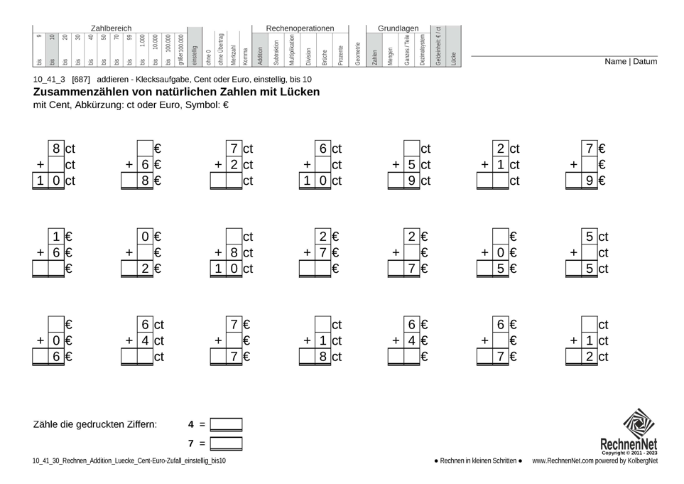 10_41_3 Rechnen Addition Lücke Cent-Euro einstellig bis10