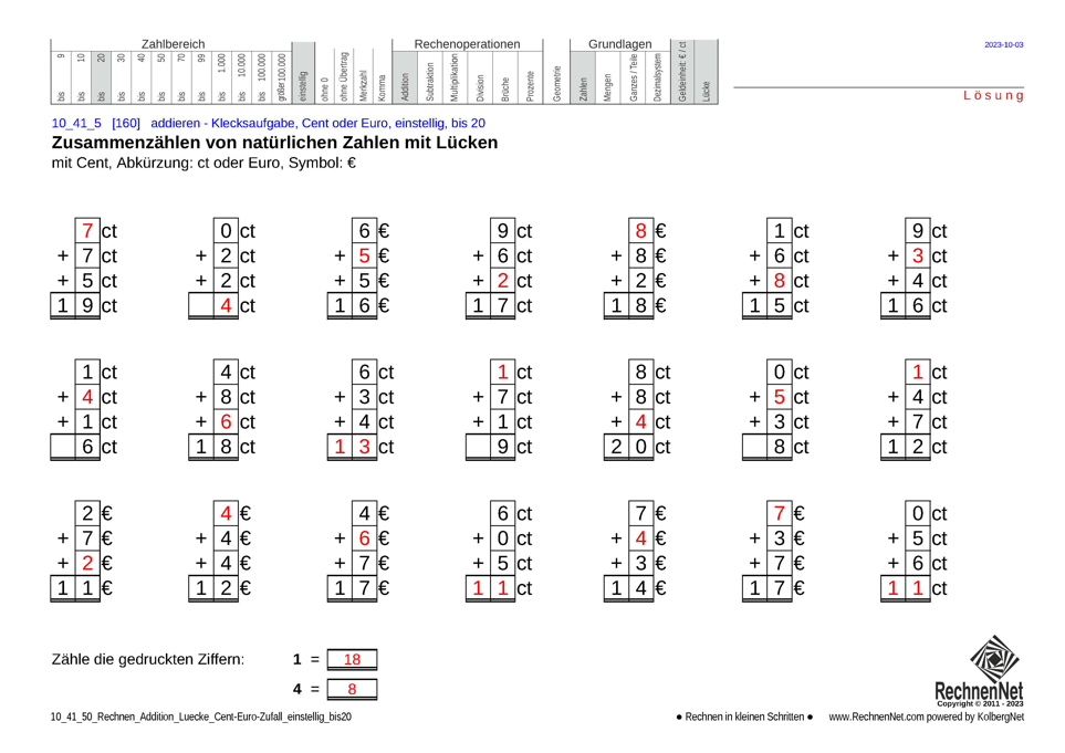 Lösung: 10_41_5 Rechnen Addition Lücke Cent-Euro einstellig bis20