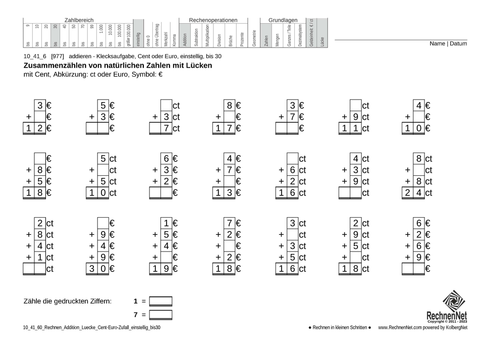 10_41_6 Rechnen Addition Lücke Cent-Euro einstellig bis30