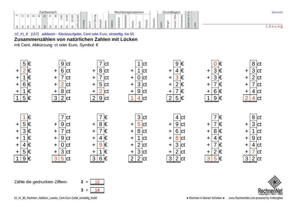 Lösung: 10_41_8 Rechnen Addition Lücke Cent-Euro einstellig bis50