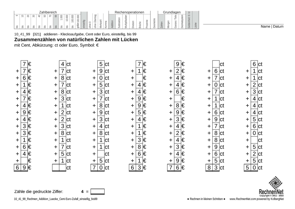 10_41_9 Rechnen Addition Lücke Cent-Euro einstellig bis99