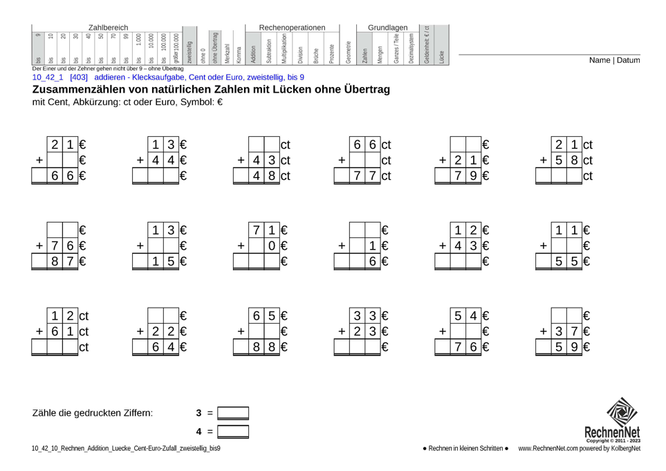 10_42_1 Rechnen Addition Lücke Cent-Euro zweistellig bis9