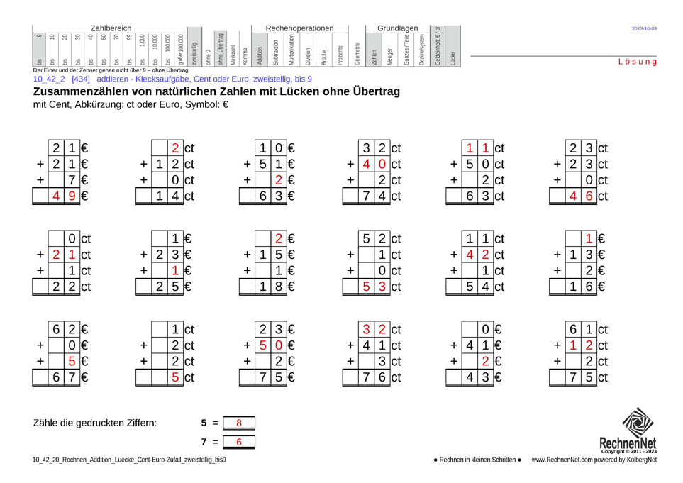 Lösung: 10_42_2 Rechnen Addition Lücke Cent-Euro zweistellig bis9