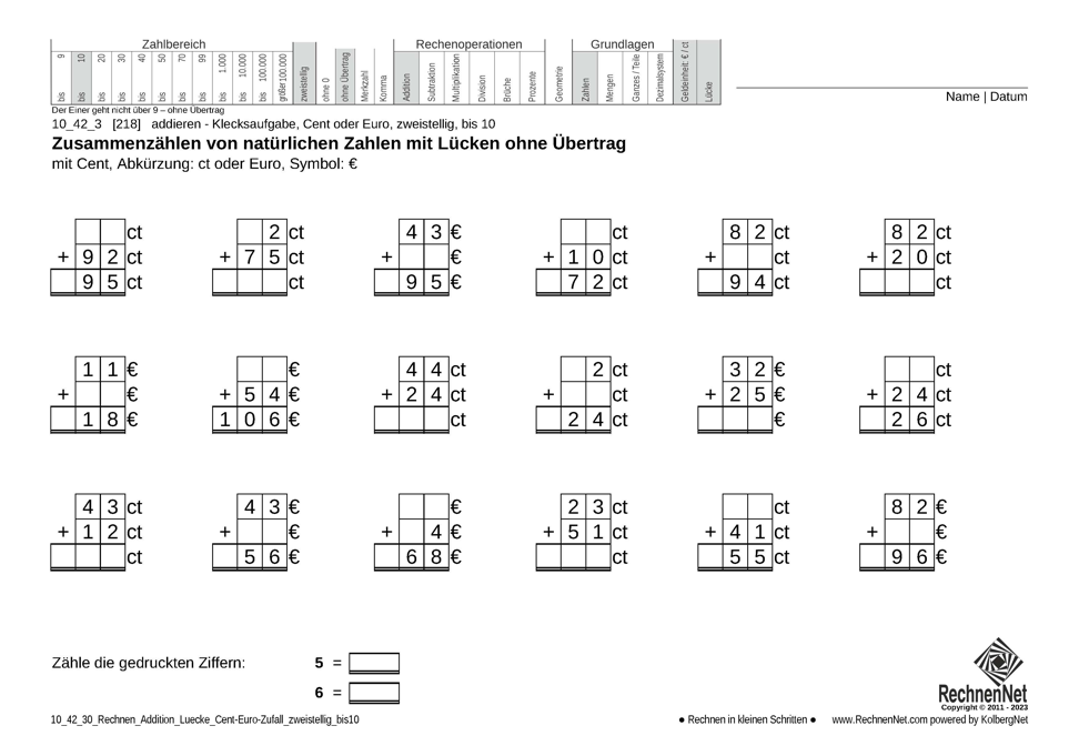 10_42_3 Rechnen Addition Lücke Cent-Euro zweistellig bis10