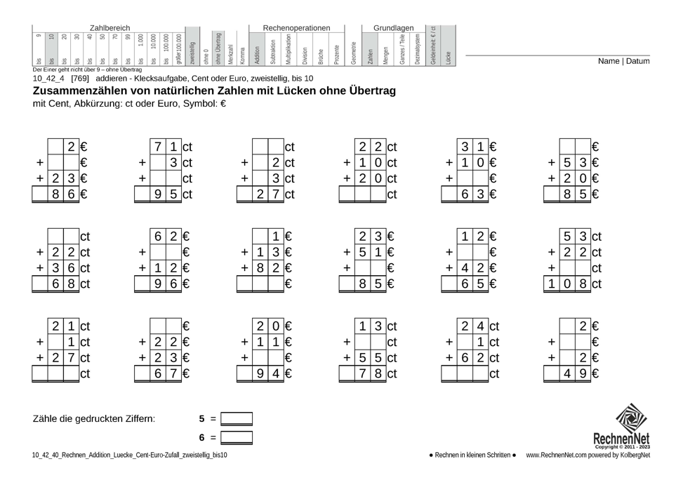 10_42_4 Rechnen Addition Lücke Cent-Euro zweistellig bis10