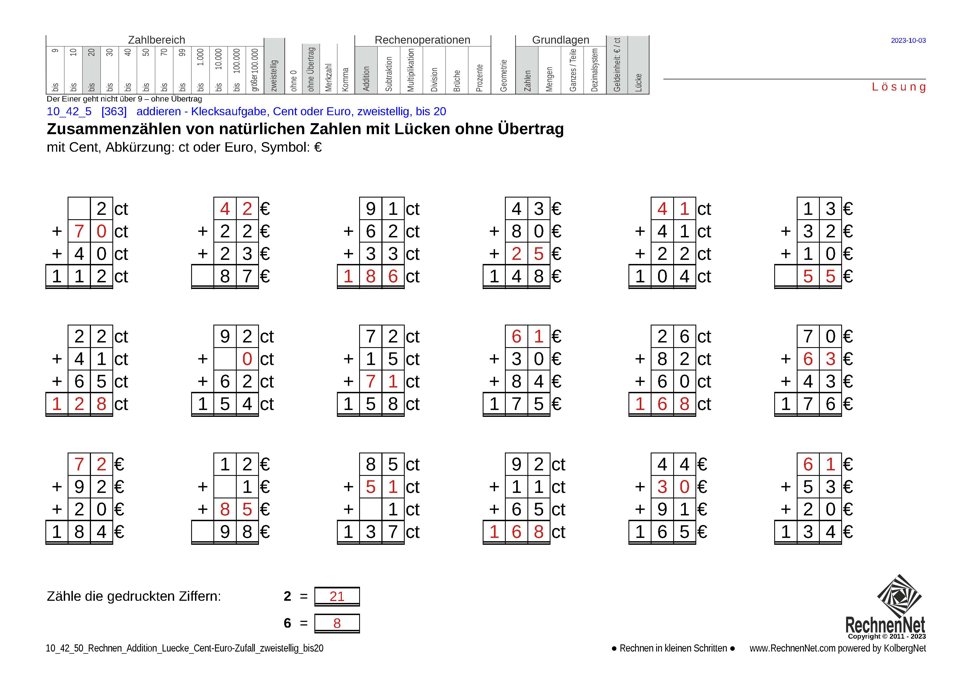 Lösung: 10_42_5 Rechnen Addition Lücke Cent-Euro zweistellig bis20