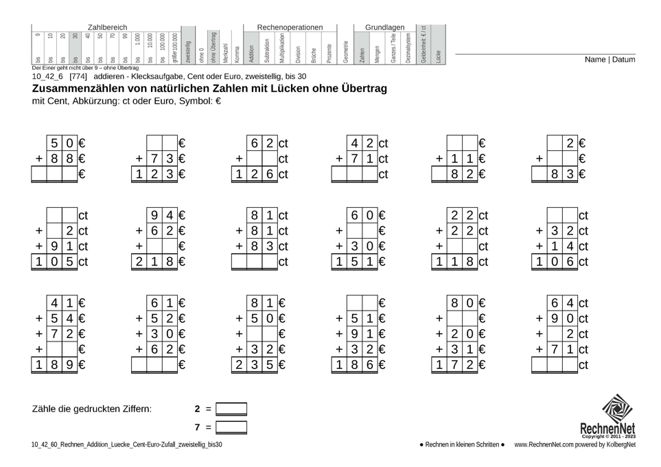 10_42_6 Rechnen Addition Lücke Cent-Euro zweistellig bis30