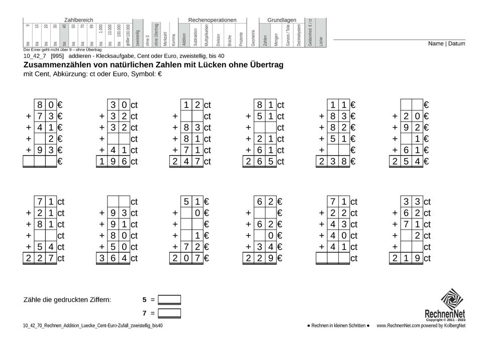 10_42_7 Rechnen Addition Lücke Cent-Euro zweistellig bis40