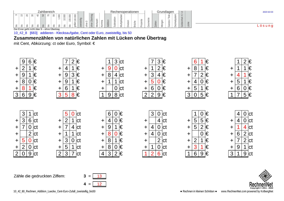 Lösung: 10_42_8 Rechnen Addition Lücke Cent-Euro zweistellig bis50