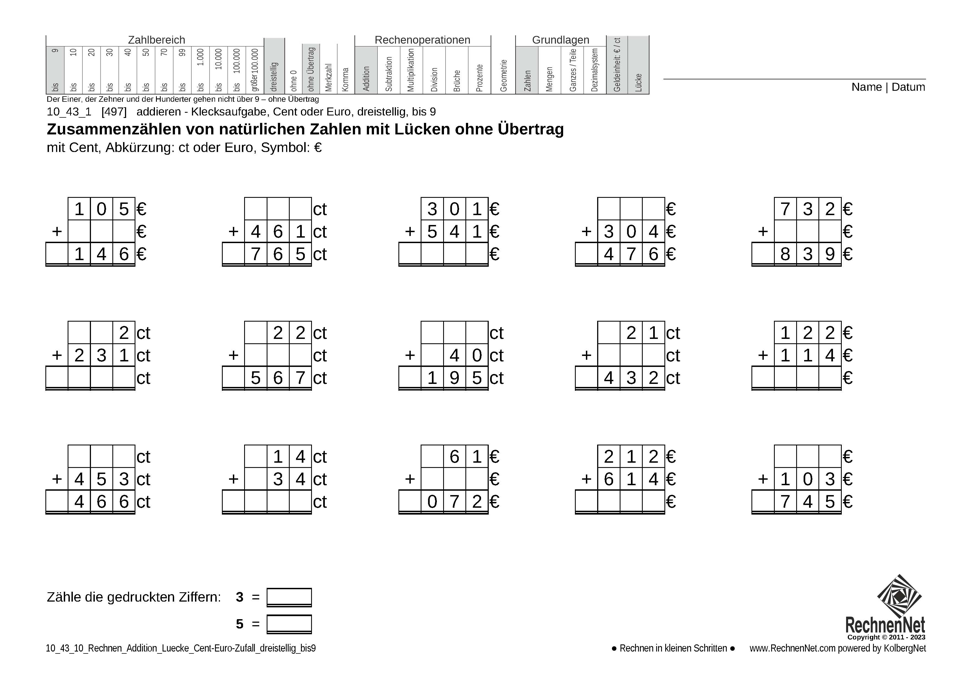 10_43_1 Rechnen Addition Lücke Cent-Euro dreistellig bis9