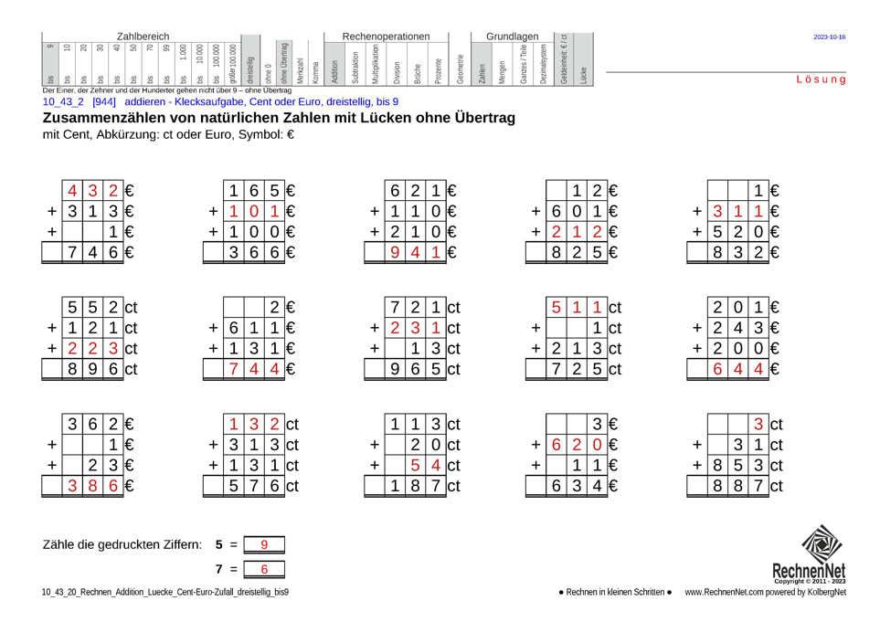 Lösung: 10_43_2 Rechnen Addition Lücke Cent-Euro dreistellig bis9