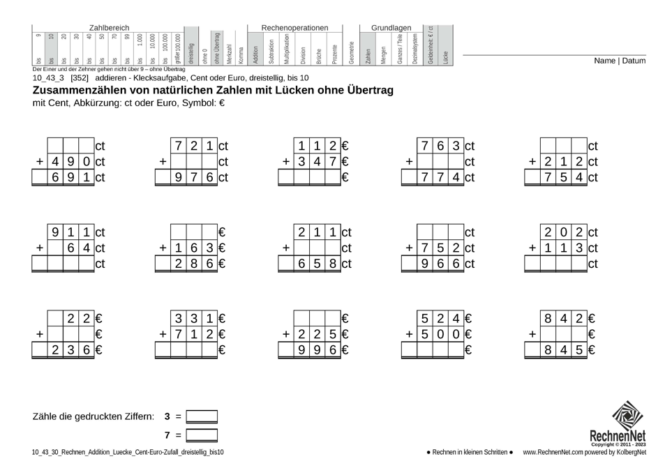 10_43_3 Rechnen Addition Lücke Cent-Euro dreistellig bis10