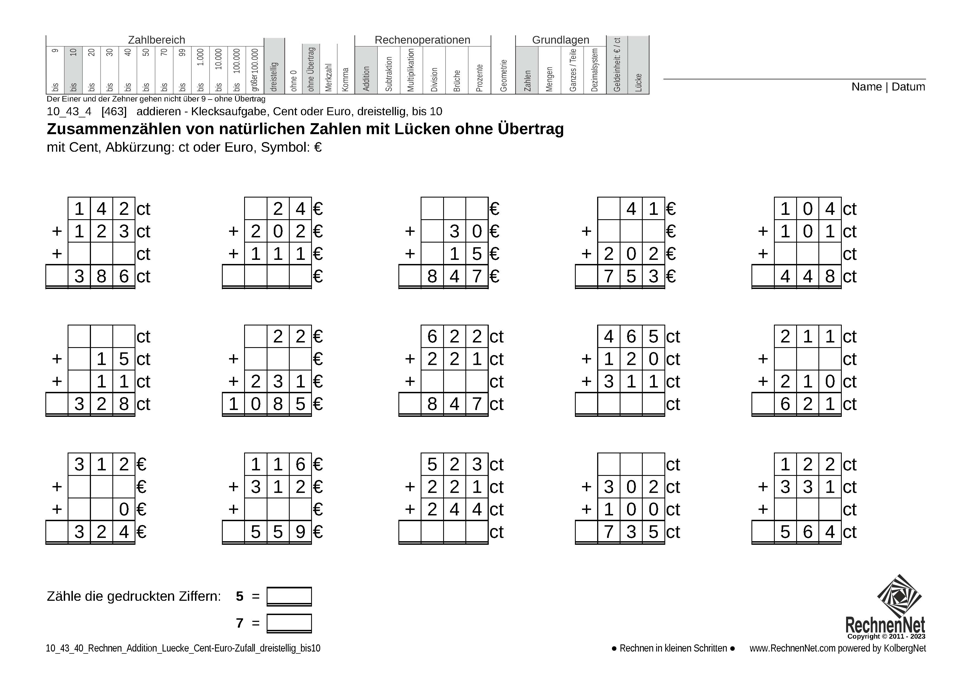 10_43_4 Rechnen Addition Lücke Cent-Euro dreistellig bis10