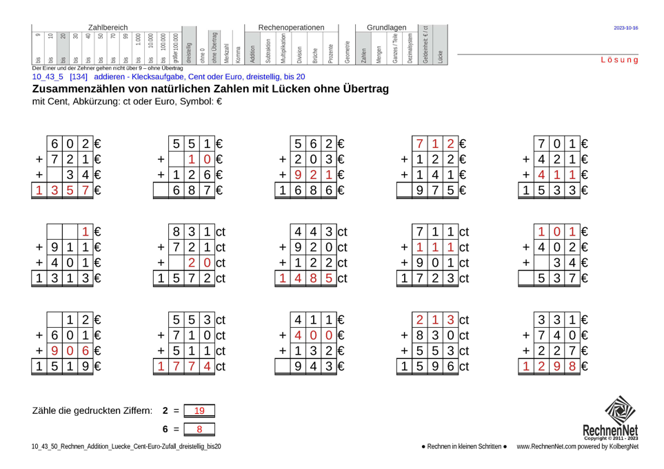 Lösung: 10_43_5 Rechnen Addition Lücke Cent-Euro dreistellig bis20