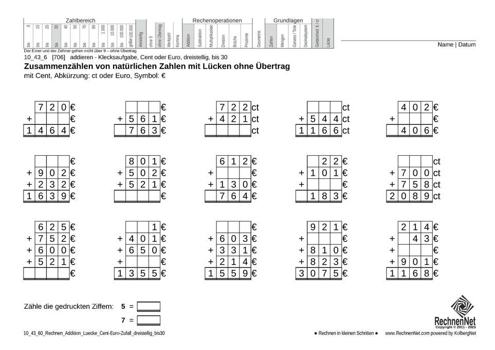 10_43_6 Rechnen Addition Lücke Cent-Euro dreistellig bis30