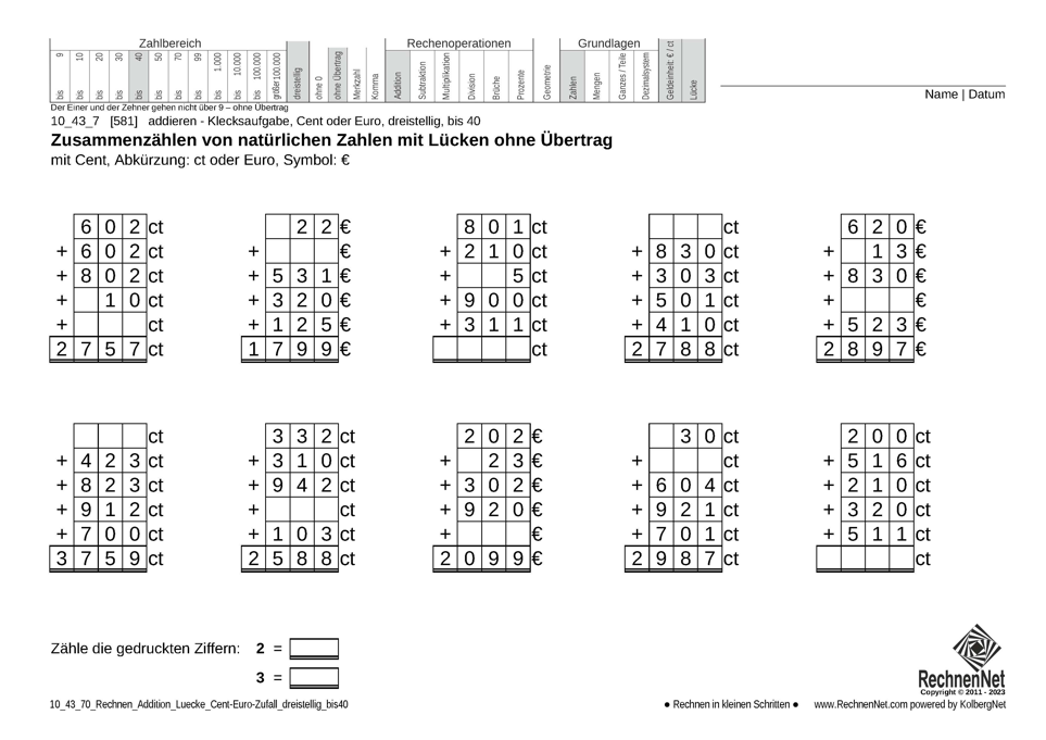 10_43_7 Rechnen Addition Lücke Cent-Euro dreistellig bis40