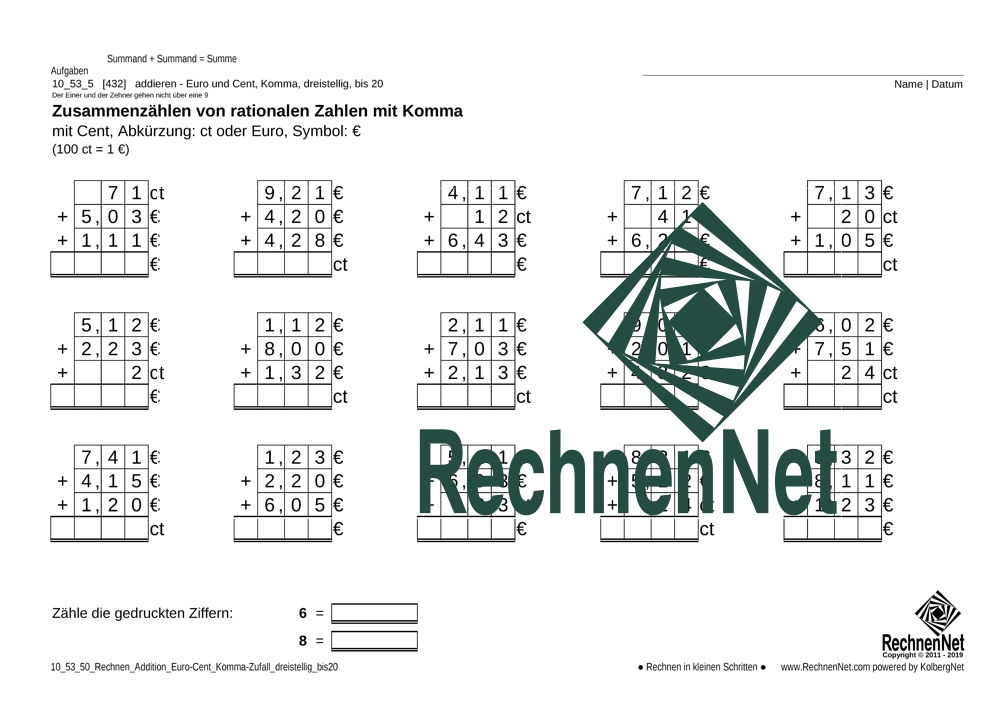 10_53_5 Rechnen Addition Euro-Cent Komma dreistellig_bis20