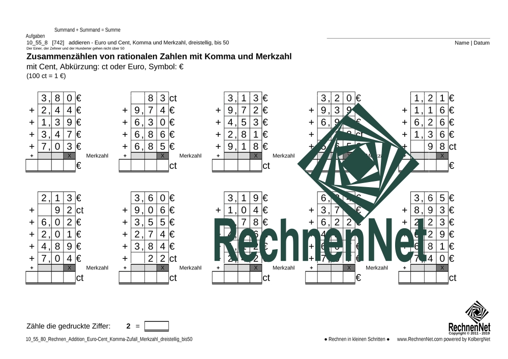 10_55_8 Rechnen Addition Euro-Cent Komma Merkzahl dreistellig_bis50
