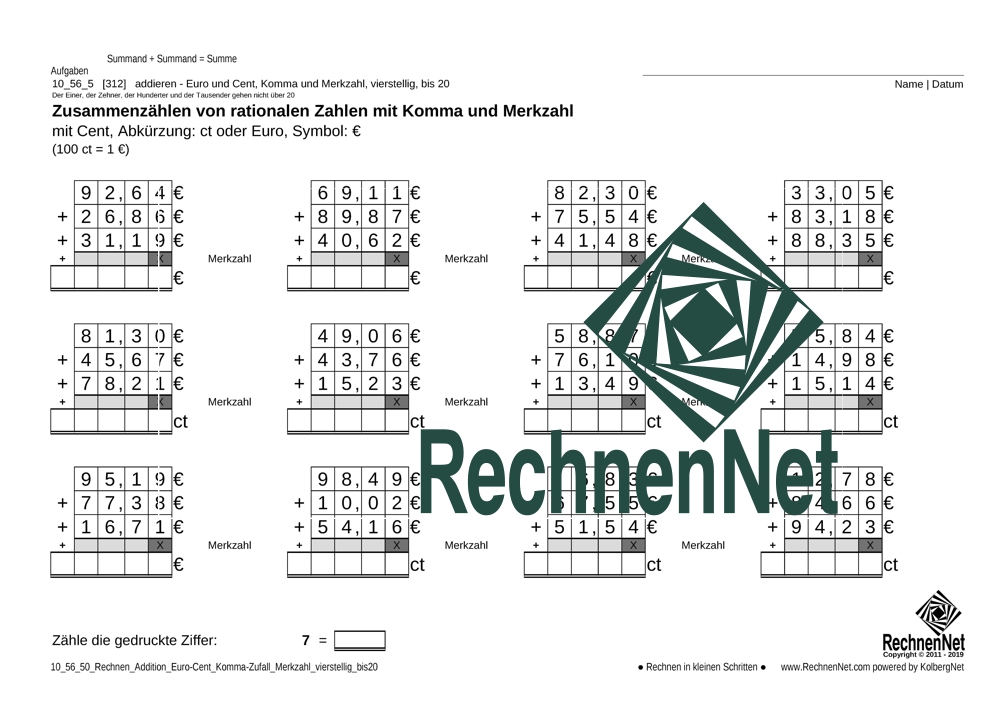 10_56_5 Rechnen Addition Euro-Cent Komma Merkzahl vierstellig_bis20