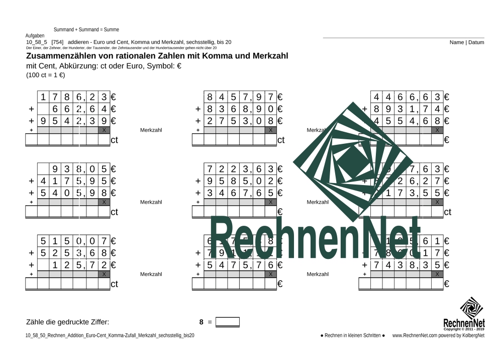 10_58_5 Rechnen Addition Euro-Cent Komma Merkzahl sechsstellig_bis20