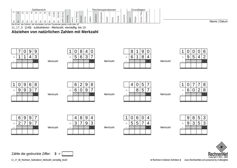 11_17_3 Rechnen Subtraktion Merkzahl vierstellig bis10