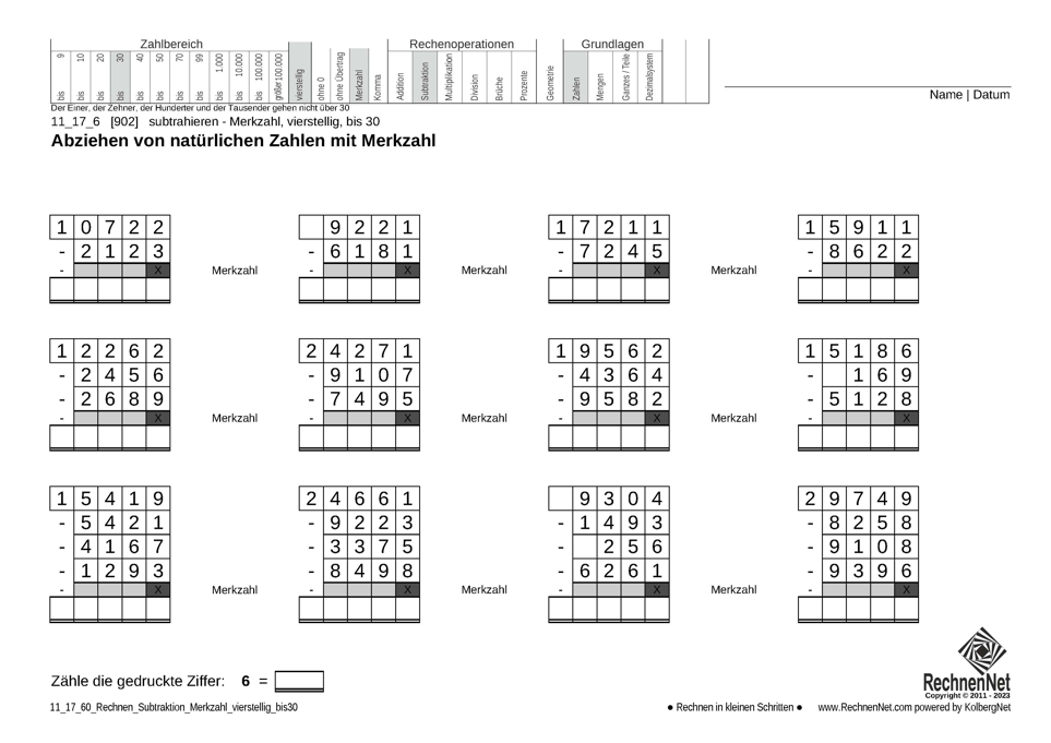 11_17_6 Rechnen Subtraktion Merkzahl vierstellig bis30