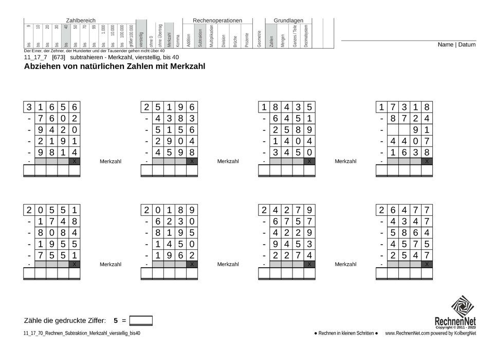 11_17_7 Rechnen Subtraktion Merkzahl vierstellig bis40
