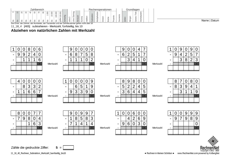 11_18_4 Rechnen Subtraktion Merkzahl fünfstellig bis10