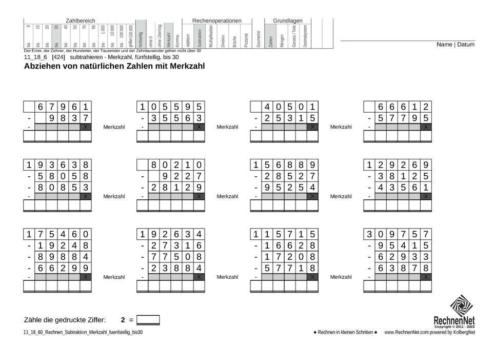 11_18_6 Rechnen Subtraktion Merkzahl fünfstellig bis30