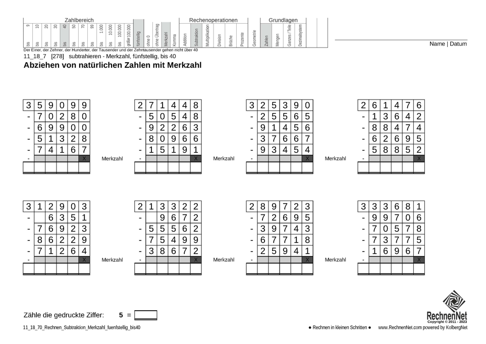 11_18_7 Rechnen Subtraktion Merkzahl fünfstellig bis40