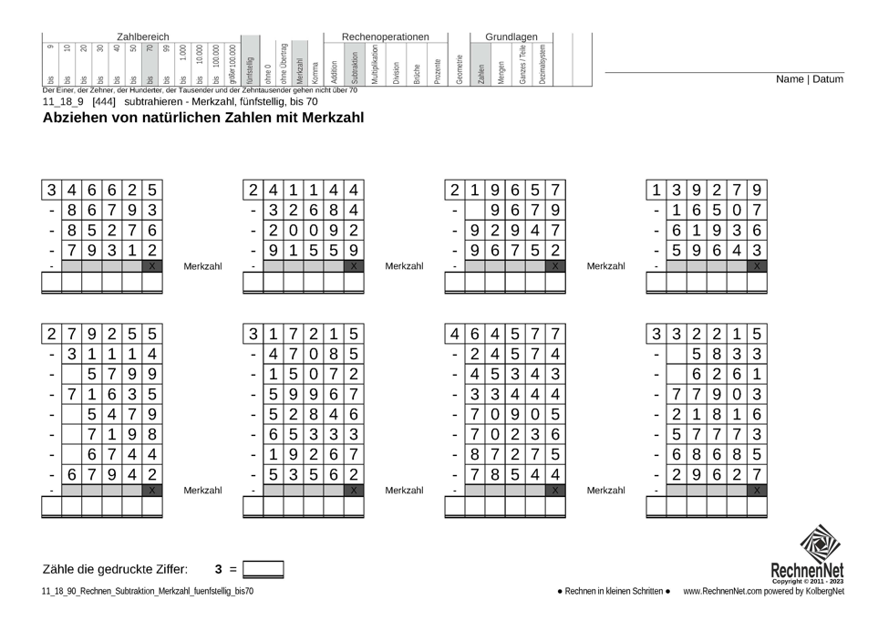 11_18_9 Rechnen Subtraktion Merkzahl fünfstellig bis70
