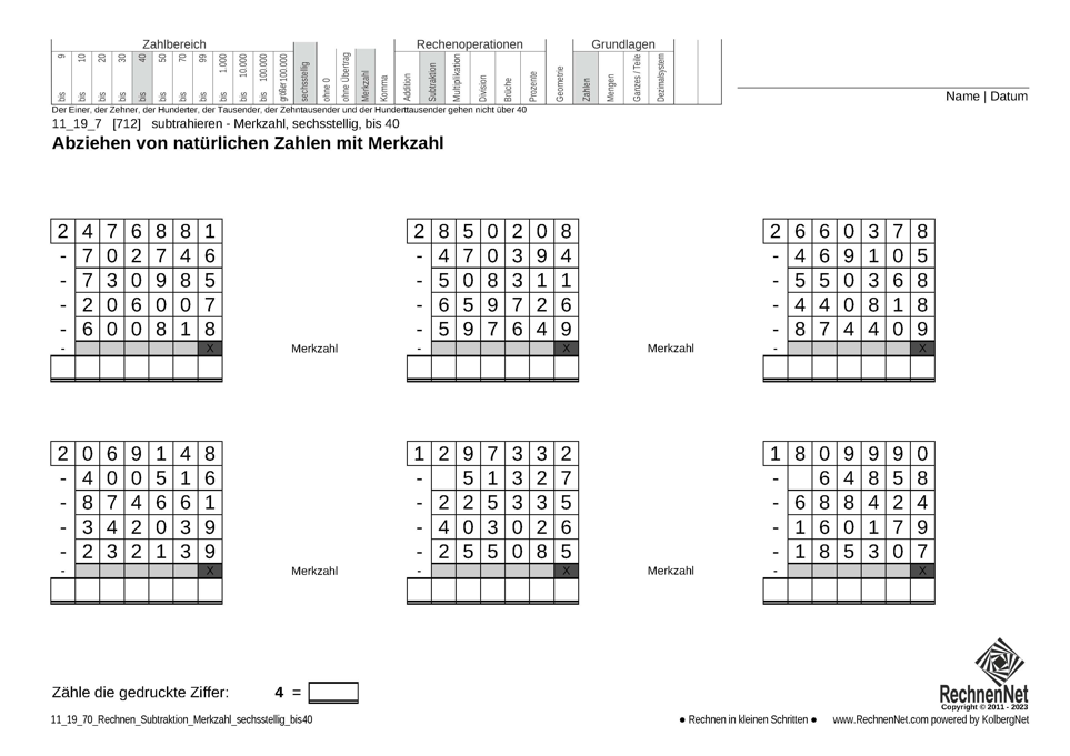 11_19_7 Rechnen Subtraktion Merkzahl sechsstellig bis40