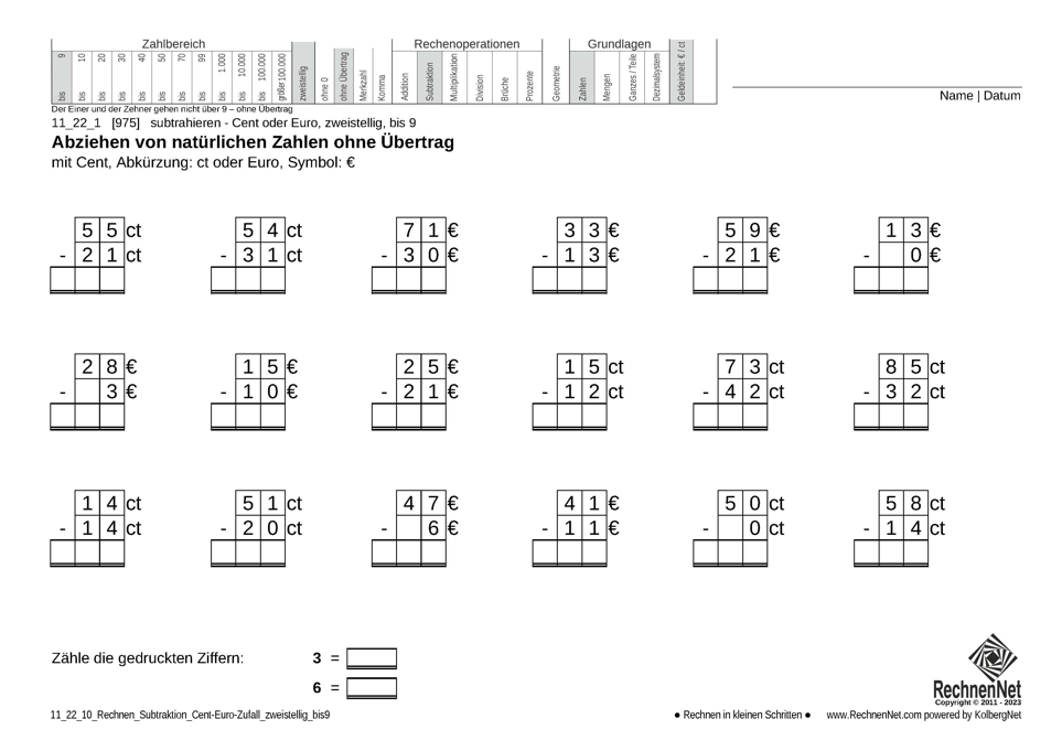 11_22_1 Rechnen Subtraktion Cent-Euro zweistellig bis9